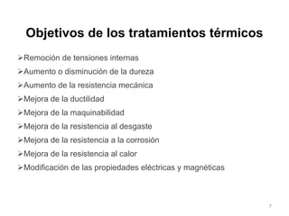 Objetivos de los tratamientos térmicos Remoción de tensiones internas Aumento o disminución de la dureza Aumento de la resistencia mecánica Mejora de la ductilidad Mejora de la maquinabilidad Mejora de la resistencia al desgaste Mejora de la resistencia a la corrosión Mejora de la resistencia al calor Modificación de las propiedades eléctricas y magnéticas