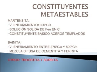 MARTENSITA:
• V. ENFRIAMIENTO>600ºC/s

• SOLUCIÓN SOLIDA DE Feα EN C

• CONSTITUYENTE BÁSICO ACEROS TEMPLADOS



BAINITA:
• V. ENFRIAMIENTO ENTRE 275ºC/s Y 500ºC/s

• MEZCLA DIFUSA DE CEMENTITA Y FERRITA



OTROS: TROOSTITA Y SORBITA
 
