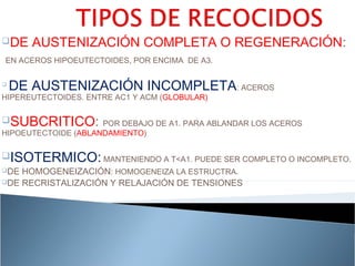 DE    AUSTENIZACIÓN COMPLETA O REGENERACIÓN:
EN ACEROS HIPOEUTECTOIDES, POR ENCIMA DE A3.


    DE AUSTENIZACIÓN INCOMPLETA: ACEROS
HIPEREUTECTOIDES. ENTRE AC1 Y ACM (GLOBULAR)

SUBCRITICO: POR DEBAJO DE A1. PARA ABLANDAR LOS ACEROS
HIPOEUTECTOIDE (ABLANDAMIENTO)

ISOTERMICO: MANTENIENDO A T<A1. PUEDE SER COMPLETO O INCOMPLETO.
DE HOMOGENEIZACIÓN: HOMOGENEIZA LA ESTRUCTRA.
DE RECRISTALIZACIÓN Y RELAJACIÓN DE TENSIONES
 