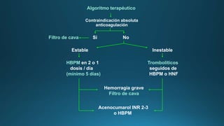 Algoritmo terapéutico
Contraindicación absoluta
anticoagulación
HBPM en 2 o 1 Trombolíticos
dosis / día seguidos de
(mínimo 5 días) HBPM o HNF
Estable Inestable
Filtro de cava Sí No
Acenocumarol INR 2-3
o HBPM
Hemorragia grave
Filtro de cava
 