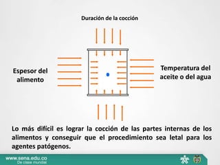 Lo más difícil es lograr la cocción de las partes internas de los
alimentos y conseguir que el procedimiento sea letal para los
agentes patógenos.
Espesor del
alimento
Temperatura del
aceite o del agua
Duración de la cocción
 