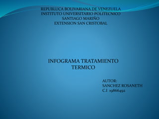 REPUBLUCA BOLIVARIANA DE VENEZUELA
INSTITUTO UNIVERSITARIO POLITECNICO
SANTIAGO MARIÑO
EXTENSION SAN CRISTOBAL
INFOGRAMA TRATAMIENTO
TERMICO
AUTOR:
SANCHEZ ROSANETH
C.I 19866492
 