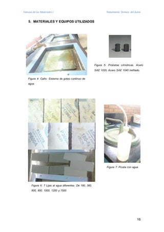 Ciencias de los Materiales I Tratamiento Térmico del Acero 
16 
5. MATERIALES Y EQUIPOS UTILIZADOS 
Figura 4: Caño. Sistema de goteo continuo de 
agua. 
Figura 5: Probetas cilíndricas. Acero 
SAE 1020, Acero SAE 1045 trefilado. 
Figura 6: 7 Lijas al agua diferentes. De 180, 360, 
600, 800, 1000, 1200 y 1500. 
Figura 7: Piceta con agua. 
 