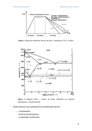 Ciencias de los Materiales I Tratamiento Térmico del Acero 
6 
Figura 1: Etapas de tratamiento térmico del acero. Temperatura (ºC) vs Tiempo. 
Figura 2: Diagrama Hierro – Carburo de Hierro. Mostrando sus regiones, 
temperaturas y transformaciones. 
Existen factores muy importantes de en el tratamiento térmico: 
- La temperatura 
- El tiempo de permanencia 
- La velocidad d enfriamiento 
 