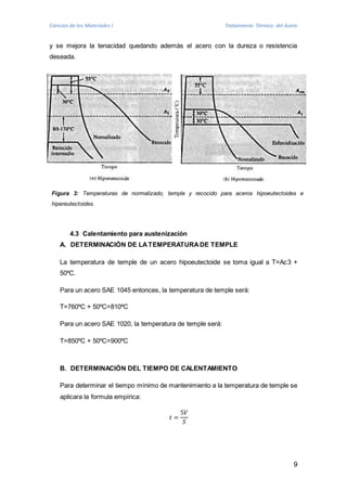 Ciencias de los Materiales I Tratamiento Térmico del Acero 
y se mejora la tenacidad quedando además el acero con la dureza o resistencia 
deseada. 
Figura 3: Temperaturas de normalizado, temple y recocido para aceros hipoeutectoides e 
hipereutectoides. 
9 
4.3 Calentamiento para austenización 
A. DETERMINACIÓN DE LA TEMPERATURA DE TEMPLE 
La temperatura de temple de un acero hipoeutectoide se toma igual a T=Ac3 + 
50ºC. 
Para un acero SAE 1045 entonces, la temperatura de temple será: 
T=760ºC + 50ºC=810ºC 
Para un acero SAE 1020, la temperatura de temple será: 
T=850ºC + 50ºC=900ºC 
B. DETERMINACIÓN DEL TIEMPO DE CALENTAMIENTO 
Para determinar el tiempo mínimo de mantenimiento a la temperatura de temple se 
aplicara la formula empírica: 
푡 = 
5푉 
푆 
 