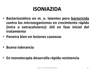 ISONIAZIDA Bacteriostático en m. o. latentes pero  bactericida  contra los microorganismos en crecimiento rápido (intra o extracelulares): útil en fase inicial del tratamiento Penetra bien en lesiones caseosas Buena tolerancia En monoterapia desarrolla rápida resistencia Jesús A. Custodio Marroquín 