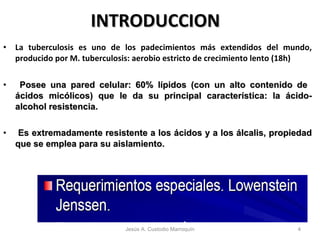 INTRODUCCION La tuberculosis es uno de los padecimientos más extendidos del mundo, producido por M. tuberculosis: aerobio estricto de crecimiento lento (18h) Posee una pared celular: 60% lípidos (con un alto contenido de  ácidos micólicos) que le da su principal característica: la ácido-alcohol resistencia. Es extremadamente resistente a los ácidos y a los álcalis, propiedad que se emplea para su aislamiento.  Jesús A. Custodio Marroquín 