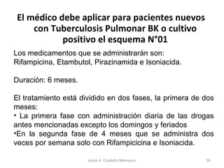 El médico debe aplicar para pacientes nuevos con Tuberculosis Pulmonar BK o cultivo positivo el esquema N°01 Los medicamentos que se administrarán son:  Rifampicina, Etambutol, Pirazinamida e Isoniacida. Duración: 6 meses.  El tratamiento está dividido en dos fases, la primera de dos meses: La primera fase con administración diaria de las drogas antes mencionadas excepto los domingos y feriados  En la segunda fase de 4 meses que se administra dos veces por semana solo con Rifampicicina e Isoniacida. Jesús A. Custodio Marroquín 