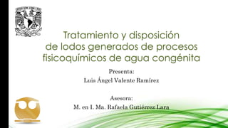 Presenta:
Luis Ángel Valente Ramírez
Asesora:
M. en I. Ma. Rafaela Gutiérrez Lara
Tratamiento y disposición
de lodos generados de procesos
fisicoquímicos de agua congénita
 