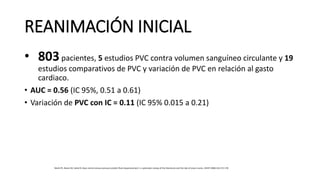 REANIMACIÓN INICIAL
• 803pacientes, 5 estudios PVC contra volumen sanguíneo circulante y 19
estudios comparativos de PVC y variación de PVC en relación al gasto
cardiaco.
• AUC = 0.56 (IC 95%, 0.51 a 0.61)
• Variación de PVC con IC = 0.11 (IC 95% 0.015 a 0.21)
Marik PE, Baram M, Vahid B. Does central venous pressure predict fluid responsiveness?: a systematic review of the literatures and the tale of seven mares. CHEST 2008,134:172-178
 