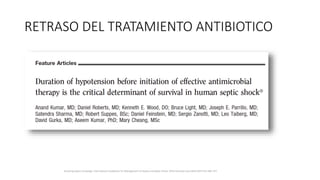 RETRASO DEL TRATAMIENTO ANTIBIOTICO
Surviving Sepsis Campaign: International Guidelines for Management of Sepsis and Septic Shock: 2016 Intensive Care Med (2017) 43:304–377
 