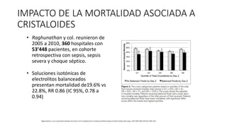• Raghunathan y col. reunieron de
2005 a 2010, 360 hospitales con
53’448 pacientes, en cohorte
retrospectiva con sepsis, sepsis
severa y choque séptico.
• Soluciones isotónicas de
electrolitos balanceados
presentan mortalidad de19.6% vs
22.8%, RR 0.86 (IC 95%, 0.78 a
0.94)
Raghunathan K, y col. Association between the choice of IV crystalloid and in-hospital mortality among critically ill adults with sepsis. CRIT CARE MED 2014;42:1585-1591
IMPACTO DE LA MORTALIDAD ASOCIADA A
CRISTALOIDES
 