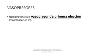 VASOPRESORES
• Norepinefrina es el vasopresor de primera elección
(recomendación IB).
Surviving Sepsis Campaign: International Guidelines for
Management of Sepsis and Septic Shock: 2016 Intensive Care
Med (2017) 43:304–377
 