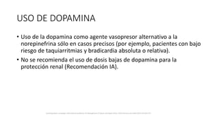 USO DE DOPAMINA
• Uso de la dopamina como agente vasopresor alternativo a la
norepinefrina sólo en casos precisos (por ejemplo, pacientes con bajo
riesgo de taquiarritmias y bradicardia absoluta o relativa).
• No se recomienda el uso de dosis bajas de dopamina para la
protección renal (Recomendación IA).
Surviving Sepsis Campaign: International Guidelines for Management of Sepsis and Septic Shock: 2016 Intensive Care Med (2017) 43:304–377
 