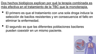 Dos hechos biológicos explican por qué la terapia combinada es
más efectiva en el tratamiento de la TBC que la monoterapia.
• El primero es que el tratamiento con una sola droga induce la
selección de bacilos resistentes y en consecuencia el fallo en
eliminar la enfermedad.
• El segundo es que las diferentes poblaciones bacilares
pueden coexistir en un mismo paciente.
 