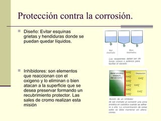 Protección contra la corrosión.
 Diseño: Evitar esquinas
grietas y hendiduras donde se
puedan quedar líquidos.
 Inhibidores: son elementos
que reaccionan con el
oxigeno y lo eliminan o bien
atacan a la superficie que se
desea preservar formando un
recubrimiento protector. Las
sales de cromo realizan esta
misión
 
