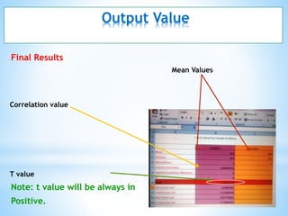 Output Value
Final Results
Mean Values
Correlation value
T value
Note: t value will be always in
Positive.
 