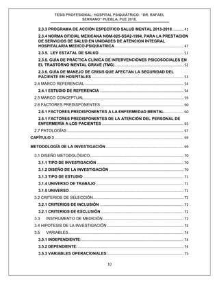 TESIS PROFESIONAL: HOSPITAL PSIQUIÁTRICO: “DR. RAFAEL
SERRANO” PUEBLA, PUE 2018.
10
2.3.3 PROGRAMA DE ACCIÓN ESPECÍFICO SALUD MENTAL 2013-2018............ 41
2.3.4 NORMA OFICIAL MEXICANA NOM-025-SSA2-1994, PARA LA PRESTACION
DE SERVICIOS DE SALUD EN UNIDADES DE ATENCION INTEGRAL
HOSPITALARIA MEDICO-PSIQUIATRICA...................................................................... 47
2.3.5. LEY ESTATAL DE SALUD...................................................................................... 51
2.3.6. GUÍA DE PRÁCTICA CLÍNICA DE INTERVENCIONES PSICOSOCIALES EN
EL TRASTORNO MENTAL GRAVE (TMG)...................................................................... 52
2.3.6. GUÍA DE MANEJO DE CRISIS QUE AFECTAN LA SEGURIDAD DEL
PACIENTE EN HOSPITALES ............................................................................................. 53
2.4 MARCO REFERENCIAL .................................................................................................... 54
2.4.1 ESTUDIO DE REFERENCIA ..................................................................................... 54
2.5 MARCO CONCEPTUAL..................................................................................................... 59
2.6 FACTORES PREDISPONENTES .................................................................................... 60
2.6.1 FACTORES PREDISPONENTES A LA ENFERMEDAD MENTAL.................... 60
2.6.1 FACTORES PREDISPONENTES DE LA ATENCIÓN DEL PERSONAL DE
ENFERMERÍA A LOS PACIENTES ................................................................................... 65
2.7 PATOLOGÍAS ...................................................................................................................... 67
CAPÍTULO 3................................................................................................................................... 69
METODOLOGÍA DE LA INVESTIGACIÓN............................................................................... 69
3.1 DISEÑO METODOLÓGICO............................................................................................... 70
3.1.1 TIPO DE INVESTIGACIÓN ........................................................................................ 70
3.1.2 DISEÑO DE LA INVESTIGACIÓN............................................................................ 70
3.1.3 TIPO DE ESTUDIO...................................................................................................... 71
3.1.4 UNIVERSO DE TRABAJO......................................................................................... 71
3.1.5 UNIVERSO.................................................................................................................... 71
3.2 CRITERIOS DE SELECCIÓN............................................................................................ 72
3.2.1 CRITERIOS DE INCLUSIÓN ..................................................................................... 72
3.2.1 CRITERIOS DE EXCLUSIÓN.................................................................................... 72
3.3 INSTRUMENTO DE MEDICIÓN.................................................................................. 72
3.4 HIPOTESIS DE LA INVESTIGACIÓN.............................................................................. 73
3.5 VARIABLES..................................................................................................................... 74
3.5.1 INDEPENDIENTE: ....................................................................................................... 74
3.5.2 DEPENDIENTE: ........................................................................................................... 74
3.5.3 VARIABLES OPERACIONALES:............................................................................. 75
 