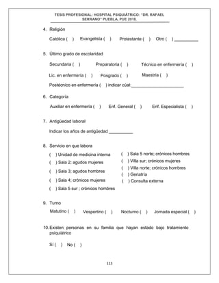 TESIS PROFESIONAL: HOSPITAL PSIQUIÁTRICO: “DR. RAFAEL
SERRANO” PUEBLA, PUE 2018.
113
4. Religión
5. Último grado de escolaridad
6. Categoría
7. Antigüedad laboral
8. Servicio en que labora
9. Turno
10.Existen personas en su familia que hayan estado bajo tratamiento
psiquiátrico
Católica ( ) Evangelista ( ) Protestante ( ) Otro ( ) __________
Secundaria ( ) Preparatoria ( ) Técnico en enfermería ( )
Lic. en enfermería ( )
Postécnico en enfermería ( ) indicar cúal:______________________
Posgrado ( ) Maestría ( )
Auxiliar en enfermería ( ) Enf. General ( ) Enf. Especialista ( )
Indicar los años de antigüedad __________
Matutino ( ) Vespertino ( ) Nocturno ( ) Jornada especial ( )
Sí ( ) No ( )
( ) Unidad de medicina interna
( ) Sala 2; agudos mujeres
( ) Sala 3; agudos hombres
( ) Sala 4; crónicos mujeres
( ) Sala 5 sur ; crónicos hombres
( ) Sala 5 norte; crónicos hombres
( ) Villa sur; crónicos mujeres
( ) Villa norte; crónicos hombres
( ) Geriatría
( ) Consulta externa
 