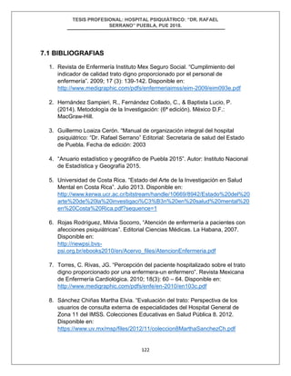 TESIS PROFESIONAL: HOSPITAL PSIQUIÁTRICO: “DR. RAFAEL
SERRANO” PUEBLA, PUE 2018.
122
7.1 BIBLIOGRAFIAS
1. Revista de Enfermería Instituto Mex Seguro Social. “Cumplimiento del
indicador de calidad trato digno proporcionado por el personal de
enfermería”. 2009; 17 (3): 139-142. Disponible en:
http://www.medigraphic.com/pdfs/enfermeriaimss/eim-2009/eim093e.pdf
2. Hernández Sampieri, R., Fernández Collado, C., & Baptista Lucio, P.
(2014). Metodología de la Investigación: (6ª edición). México D.F.:
MacGraw-Hill.
3. Guillermo Loaiza Cerón. “Manual de organización integral del hospital
psiquiátrico: “Dr. Rafael Serrano” Editorial: Secretaria de salud del Estado
de Puebla. Fecha de edición: 2003
4. “Anuario estadístico y geográfico de Puebla 2015”. Autor: Instituto Nacional
de Estadística y Geografía 2015.
5. Universidad de Costa Rica. “Estado del Arte de la Investigación en Salud
Mental en Costa Rica”. Julio 2013. Disponible en:
http://www.kerwa.ucr.ac.cr/bitstream/handle/10669/8942/Estado%20del%20
arte%20de%20la%20investigaci%C3%B3n%20en%20salud%20mental%20
en%20Costa%20Rica.pdf?sequence=1
6. Rojas Rodríguez, Milvia Socorro, “Atención de enfermería a pacientes con
afecciones psiquiátricas”. Editorial Ciencias Médicas. La Habana, 2007.
Disponible en:
http://newpsi.bvs-
psi.org.br/ebooks2010/en/Acervo_files/AtencionEnfermeria.pdf
7. Torres, C. Rivas, JG. “Percepción del paciente hospitalizado sobre el trato
digno proporcionado por una enfermera-un enfermero”. Revista Mexicana
de Enfermería Cardiológica. 2010; 18(3): 60 – 64. Disponible en:
http://www.medigraphic.com/pdfs/enfe/en-2010/en103c.pdf
8. Sánchez Chiñas Martha Elvia. “Evaluación del trato: Perspectiva de los
usuarios de consulta externa de especialidades del Hospital General de
Zona 11 del IMSS. Colecciones Educativas en Salud Pública 8. 2012.
Disponible en:
https://www.uv.mx/msp/files/2012/11/coleccion8MarthaSanchezCh.pdf
 