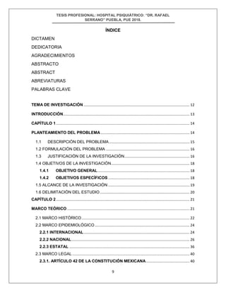 TESIS PROFESIONAL: HOSPITAL PSIQUIÁTRICO: “DR. RAFAEL
SERRANO” PUEBLA, PUE 2018.
9
ÍNDICE
DICTAMEN
DEDICATORIA
AGRADECIMIENTOS
ABSTRACTO
ABSTRACT
ABREVIATURAS
PALABRAS CLAVE
TEMA DE INVESTIGACIÓN ........................................................................................................ 12
INTRODUCCIÓN............................................................................................................................ 13
CAPÍTULO 1................................................................................................................................... 14
PLANTEAMIENTO DEL PROBLEMA ....................................................................................... 14
1.1 DESCRIPCIÓN DEL PROBLEMA............................................................................... 15
1.2 FORMULACIÓN DEL PROBLEMA .................................................................................. 16
1.3 JUSTIFICACIÓN DE LA INVESTIGACIÓN................................................................ 16
1.4 OBJETIVOS DE LA INVESTIGACIÓN............................................................................. 18
1.4.1 OBJETIVO GENERAL.......................................................................................... 18
1.4.2 OBJETIVOS ESPECÍFICOS................................................................................ 18
1.5 ALCANCE DE LA INVESTIGACIÓN ................................................................................ 19
1.6 DELIMITACIÓN DEL ESTUDIO........................................................................................ 20
CAPÍTULO 2................................................................................................................................... 21
MARCO TEÓRICO ........................................................................................................................ 21
2.1 MARCO HISTÓRICO.......................................................................................................... 22
2.2 MARCO EPIDEMIOLÓGICO............................................................................................. 24
2.2.1 INTERNACIONAL........................................................................................................ 24
2.2.2 NACIONAL.................................................................................................................... 26
2.2.3 ESTATAL ...................................................................................................................... 36
2.3 MARCO LEGAL ................................................................................................................... 40
2.3.1. ARTÍCULO 42 DE LA CONSTITUCIÓN MEXICANA........................................... 40
 