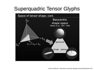 Superquadric Tensor Glyphs
Gordon Kindlmann - http://www.cs.utah.edu/~gk/papers/vissym04/web/index.html
 