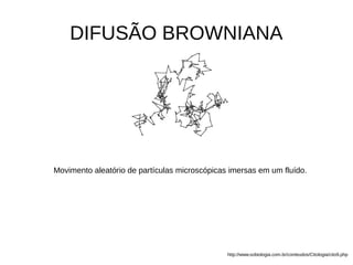 DIFUSÃO BROWNIANA
Movimento aleatório de partículas microscópicas imersas em um fluído.
http://www.sobiologia.com.br/conteudos/Citologia/cito9.php
 