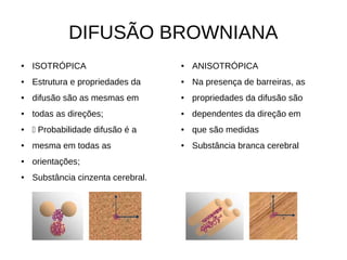 DIFUSÃO BROWNIANA
● ISOTRÓPICA
● Estrutura e propriedades da
● difusão são as mesmas em
● todas as direções;
●  Probabilidade difusão é a
● mesma em todas as
● orientações;
● Substância cinzenta cerebral.
● ANISOTRÓPICA
● Na presença de barreiras, as
● propriedades da difusão são
● dependentes da direção em
● que são medidas
● Substância branca cerebral
 
