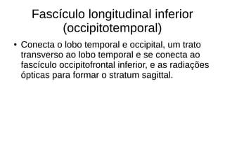 Fascículo longitudinal inferior
(occipitotemporal)
● Conecta o lobo temporal e occipital, um trato
transverso ao lobo temporal e se conecta ao
fascículo occipitofrontal inferior, e as radiações
ópticas para formar o stratum sagittal.
 