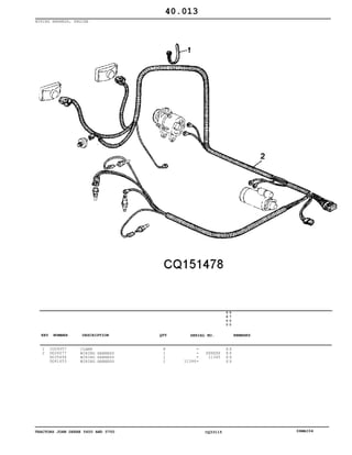 TRACTORS JOHN DEERE 5600 AND 5700 CQ33115 06MAI04
WIRING HARNESS, ENGINE
1
2
CQ09357
DQ26077
DQ35694
DQ41653
CLAMP
WIRING HARNESS
WIRING HARNESS
WIRING HARNESS
8
1
1
1 11346
XXXXXX
11345
5
6
0
0
5
7
0
0
X X
X X
X X
X X
40.013
-
-
-
-
KEY NUMBER DESCRIPTION QTY REMARKSSERIAL NO.
 