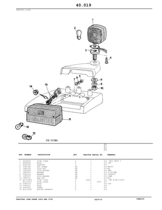 TRACTORS JOHN DEERE 5600 AND 5700 CQ33115 06MAI04
WARNING LIGHT
1
2
3
4
5
6
7
8
9
10
11
12
13
14
15
DQ24553
DQ08098
DQ24790
21M7364
14M7265
12M7064
24M7087
CQ05126
12M7067
14M7031
AL112964
AL112012
57M7014
57M7011
CQ25923
AL113022
SIDE LIGHT
BULB
ADAPTER
SET SCREW
LOCK NUT
LOCK WASHER
WASHER
WASHER
LOCK WASHER
HEX NUT
SIDE LIGHT
SIDE LIGHT
BULB
BULB
GUARD
WIRING HARNESS
2
2
2
AR
AR
AR
AR
AR
AR
AR
2
2
2
2
2
2
2242
2241
5
6
0
0
5
7
0
0
X X
X X
X X
X X
X X
X X
X X
X X
X X
X X
X X
X X
X X
X X
X X
X X
INCL KEYS 2
15W
M6X20
MS
5MM
5,5X10MM
14X40X3
12MM
M12
ORD W/AL113022
21W
40.019
-
-
-
-
-
-
-
-
-
-
-
-
-
-
-
-
KEY NUMBER DESCRIPTION QTY REMARKSTRACTOR SERIAL NO.
 