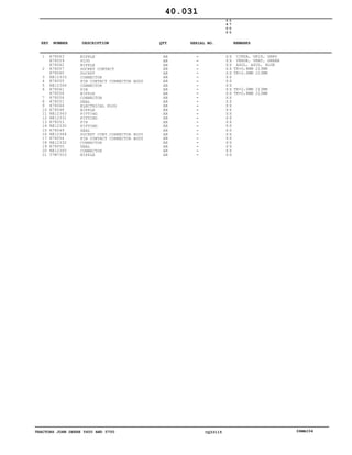 TRACTORS JOHN DEERE 5600 AND 5700 CQ33115 06MAI04
1
2
3
4
5
6
7
8
9
10
11
12
13
14
15
16
17
18
19
20
21
R78063
R78059
R78062
R78057
R78060
RE12333
R78055
RE12366
R78061
R78058
R78056
R78051
R78064
R78048
RE12363
RE12331
R78053
RE12330
R78049
RE12364
R78054
RE12332
R78050
RE12365
57M7303
NIPPLE
PLUG
NIPPLE
SOCKET CONTACT
SOCKET
CONNECTOR
PIN CONTACT CONNECTOR BODY
CONNECTOR
PIN
NIPPLE
CONNECTOR
SEAL
ELECTRICAL PLUG
NIPPLE
FITTING
FITTING
PIN
FITTING
SEAL
SOCKET CONT.CONNECTOR BODY
PIN CONTACT CONNECTOR BODY
CONNECTOR
SEAL
CONNECTOR
NIPPLE
AR
AR
AR
AR
AR
AR
AR
AR
AR
AR
AR
AR
AR
AR
AR
AR
AR
AR
AR
AR
AR
AR
AR
AR
AR
5
6
0
0
5
7
0
0
X X
X X
X X
X X
X X
X X
X X
X X
X X
X X
X X
X X
X X
X X
X X
X X
X X
X X
X X
X X
X X
X X
X X
X X
X X
CINZA, GRIS, GRAY
VERDE, VERT, GREEN
AZUL, AZUL, BLUE
TK=0,8MM 213MM
TK=2,0MM 213MM
TK=2,0MM 213MM
TK=0,8MM 213MM
40.031
-
-
-
-
-
-
-
-
-
-
-
-
-
-
-
-
-
-
-
-
-
-
-
-
-
KEY NUMBER DESCRIPTION QTY REMARKSSERIAL NO.
 
