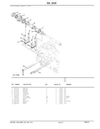 TRACTORS JOHN DEERE 5600 AND 5700 CQ33115 06MAI04
CLUTCH RELEASE CARRARO (-13693)
1
2
3
4
5
6
7
8
9
10
11
12
13
R113792
CH18562
R113793
CH18554
R113790
R137608
R137609
19M7513
12M7065
R113795
R113794
CH13939
RE61726
RE45903
BUSHING
BEARING
BUSHING
BEARING
COUPLING
COUPLING
GUIDE
CAP SCREW
LOCK WASHER
BLOCK
YOKE
HEX BOLT
SHAFT
SHAFT
1
1
1
1
1
1
1
AR
AR
4
2
AR
1
1
13693
13693
13693
13693
13693
13693
13693
13693
13693
13693
13693
13693
13693
13693
5
6
0
0
5
7
0
0
X X
X X
X X
X X
X X
X X
X X
X X
X X
X X
X X
X X
X X
X X
M8X30
8MM
M10X40
50.009
-
-
-
-
-
-
-
-
-
-
-
-
-
-
KEY NUMBER DESCRIPTION QTY REMARKSSERIAL NO.
 