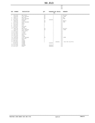 TRACTORS JOHN DEERE 5600 AND 5700 CQ33115 06MAI04
1
2
3
4
5
6
7
8
9
10
11
12
13
14
15
16
17
18
19
20
21
22
23
24
25
CH12348
12M7068
14M7273
12M7065
R121862
19M7288
12M7065
R113799
CH15384
CH14782
CH10555
R113801
19M7168
12M7066
40M7115
R113804
R113800
CH11563
CH11308
T110930
12M7068
R181960
R113797
RE71881
R121863
R128740
R127566
R127568
R127567
HEX BOLT
LOCK WASHER
HEX NUT
LOCK WASHER
BUSHING
SCREW
LOCK WASHER
SHIM
STUD
PIN
PACKING
COVER
HEX BOLT
LOCK WASHER
SNAP RING
O RING
COVER
PACKING
PLUG
SCREW
LOCK WASHER
HOUSING
SHIM
COVER
SCREW
SCREW
COVER
WASHER
PLUG
AR
AR
AR
AR
2
AR
AR
1
2
4
1
1
AR
AR
1
1
1
1
1
4
AR
1
1
1
1
XXXXXX
XXXXXX
XXXXXX
XXXXXX
XXXXXX
5
6
0
0
5
7
0
0
X X
X X
X X
X X
X X
X X
X X
X X
X X
X X
X X
X X
X X
X X
X X
X X
X X
X X
X X
X X
X X
X X
X X
X X
X X
X X
X X
X X
X X
M14X45
14MM
M8
8MM
M8X30
8MM
M10X30
10MM
14MM
SUB FOR R128740
50.013
-
-
-
-
-
-
-
-
-
-
-
-
-
-
-
-
-
-
-
-
-
-
-
-
-
-
-
-
-
KEY NUMBER DESCRIPTION QTY REMARKSTRANSMISION SERIAL
NO.
 