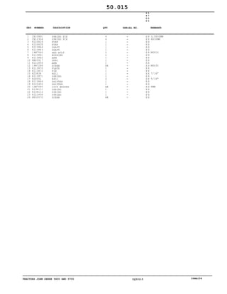 TRACTORS JOHN DEERE 5600 AND 5700 CQ33115 06MAI04
1
2
3
4
5
6
7
8
9
10
11
12
13
14
15
16
17
18
19
20
21
22
23
24
CH10891
CH12304
R120629
R120628
R113864
R113863
19M7560
R113861
R113862
RE45917
R121856
19M7288
R113870
R113872
H23836
R113871
R26552
R113869
R125452
12M7065
R138111
R138112
R121858
M805570
SPRING PIN
SPRING PIN
FORK
FORK
SHAFT
SHAFT
HEX BOLT
BUSHING
ARM
SEAL
ARM
SCREW
PLATE
PIN
BALL
SPRING
BALL
SHIFTER
SHIFTER
LOCK WASHER
SPRING
SPRING
SPRING
SCREW
4
4
1
1
1
1
2
2
1
1
1
AR
1
1
1
2
4
1
1
AR
1
1
1
AR
5
6
0
0
5
7
0
0
X X
X X
X X
X X
X X
X X
X X
X X
X X
X X
X X
X X
X X
X X
X X
X X
X X
X X
X X
X X
X X
X X
X X
X X
3,5X32MM
6X32MM
M6X16
M8X30
7/16"
5/16"
8MM
50.015
-
-
-
-
-
-
-
-
-
-
-
-
-
-
-
-
-
-
-
-
-
-
-
-
KEY NUMBER DESCRIPTION QTY REMARKSSERIAL NO.
 