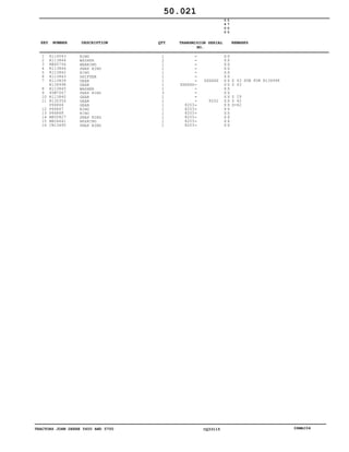 TRACTORS JOHN DEERE 5600 AND 5700 CQ33115 06MAI04
1
2
3
4
5
6
7
8
9
10
11
12
13
14
15
16
R114043
R113844
RE65756
R113846
R113842
R113843
R113839
R134998
R113845
40M7047
R113840
R130354
P66864
P66867
P66868
M800827
M804641
CH13490
RING
WASHER
BEARING
SNAP RING
RING
SHIFTER
GEAR
GEAR
WASHER
SNAP RING
GEAR
GEAR
GEAR
RING
RING
SNAP RING
BEARING
SNAP RING
1
2
1
1
1
1
1
1
1
3
1
1
1
1
1
1
1
1
XXXXXX
8203
8203
8203
8203
8203
8203
XXXXXX
8202
5
6
0
0
5
7
0
0
X X
X X
X X
X X
X X
X X
X X
X X
X X
X X
X X
X X
X X
X X
X X
X X
X X
X X
Z 43 SUB FOR R134998
Z 43
Z 29
Z 42
Z=42
50.021
-
-
-
-
-
-
-
-
-
-
-
-
-
-
-
-
-
-
KEY NUMBER DESCRIPTION QTY REMARKSTRANSMISION SERIAL
NO.
 