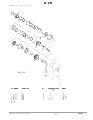 TRACTORS JOHN DEERE 5600 AND 5700 CQ33115 06MAI04
TRANSMISSION TOP SHAFT DRIVE GEARS
1
2
3
4
R120607
R113608
R120608
R113609
R120609
R113811
R120610
R113812
GEAR
GEAR
GEAR
GEAR
GEAR
GEAR
GEAR
GEAR
1
1
1
1
1
1
1
1
15927
15927
15927
15927
15926
15926
5
6
0
0
5
7
0
0
X X
X X
X X
X X
X X
X X
X X
X X
Z 32 (A)
Z32 (B)
Z 38 (A)
Z38 (B)
Z 28 (A)
Z28 (B)
Z 43 (A)
(B)
50.026
(A)
(B)
TSS
CST
-
-
-
-
-
-
-
-
KEY NUMBER DESCRIPTION QTY REMARKSTRANSMISION SERIAL
NO.
 