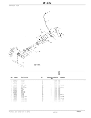 TRACTORS JOHN DEERE 5600 AND 5700 CQ33115 06MAI04
GEAR SHIFT LEVER
1
2
3
4
5
6
7
8
9
10
11
12
13
14
15
16
17
18
19
20
M48295
CQ60105
R105262
CH16438
34M7041
DQ30383
CQ29191
R109205
R120912
CQ26605
R109294
RE45831
R109419
19M7865
R121166
34M7040
R109201
34M7059
CQ31832
CQ31831
HANDLE
LEVER
GARKET
BALL
SNAP RING
SUPPORT
SET SCREW
ARM
PLATE
SEAL
BUSHING
HOUSING
COVER
SCREW
SHAFT
SPRING PIN
PLATE
SPRING PIN
SPRING PIN
SPRING PIN
1
1
1
1
AR
1
AR
1
1
1
1
1
2
AR
1
AR
1
AR
AR
2
5240
5240
5240
5240
5240
5240
5240
5240
5240
5240
5240
5240
5240
5240
5240
5240
5240
5240
5240
5240
5
6
0
0
5
7
0
0
X X
X X
X X
X X
X X
X X
X X
X X
X X
X X
X X
X X
X X
X X
X X
X X
X X
X X
X X
X X
6X36MM
M6X16
M8X16
6X30MM
6X12MM
3,5X30
3,5X30
50.032
-
-
-
-
-
-
-
-
-
-
-
-
-
-
-
-
-
-
-
-
KEY NUMBER DESCRIPTION QTY REMARKSTRANSMISION SERIAL
NO.
 