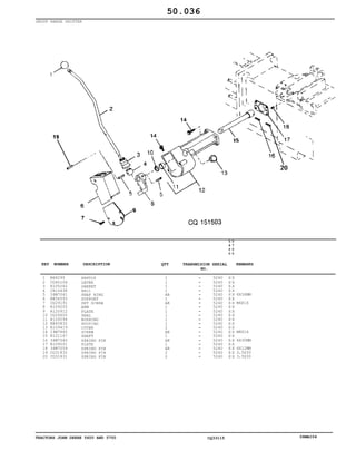 TRACTORS JOHN DEERE 5600 AND 5700 CQ33115 06MAI04
GROUP RANGE SHIFTER
1
2
3
4
5
6
7
8
9
10
11
12
13
14
15
16
17
18
19
20
M48295
CQ60106
R105262
CH16438
34M7041
RE56593
CQ29191
R109205
R120912
CQ26605
R109294
RE45832
R109419
19M7865
R121167
34M7040
R109201
34M7059
CQ31832
CQ31831
HANDLE
LEVER
GARKET
BALL
SNAP RING
SUPPORT
SET SCREW
ARM
PLATE
SEAL
BUSHING
HOUSING
COVER
SCREW
SHAFT
SPRING PIN
PLATE
SPRING PIN
SPRING PIN
SPRING PIN
1
1
1
1
AR
1
AR
1
1
1
1
1
2
AR
1
AR
1
AR
2
2
5240
5240
5240
5240
5240
5240
5240
5240
5240
5240
5240
5240
5240
5240
5240
5240
5240
5240
5240
5240
5
6
0
0
5
7
0
0
X X
X X
X X
X X
X X
X X
X X
X X
X X
X X
X X
X X
X X
X X
X X
X X
X X
X X
X X
X X
6X36MM
M6X16
M8X16
6X30MM
6X12MM
3,5X30
3,5X30
50.036
-
-
-
-
-
-
-
-
-
-
-
-
-
-
-
-
-
-
-
-
KEY NUMBER DESCRIPTION QTY REMARKSTRANSMISION SERIAL
NO.
 