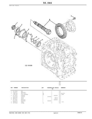 TRACTORS JOHN DEERE 5600 AND 5700 CQ33115 06MAI04
GEAR AND PINION
1
2
3
4
5
6
7
8
9
R113894
CH16451
19M7168
12M7066
R113893
R130356
RE45946
RE45927
R113895
R130363
RE68019
R114046
NUT
BEARING
HEX BOLT
LOCK WASHER
SLEEVE
SLEEVE
SHIM
SHIM
BUSHING
BUSHING
GEAR
SCREW
1
2
AR
AR
1
1
1
1
1
1
1
12
XXXXXX
XXXXXX
XXXXXX
16076
16076
XXXXXX
5
6
0
0
5
7
0
0
X X
X X
X X
X X
X X
X X
X X
X X
X X
X X
X X
X X
M10X30
10MM
KIT
50.044
-
-
-
-
-
-
-
-
-
-
-
-
KEY NUMBER DESCRIPTION QTY REMARKSTRANSMISION SERIAL
NO.
 