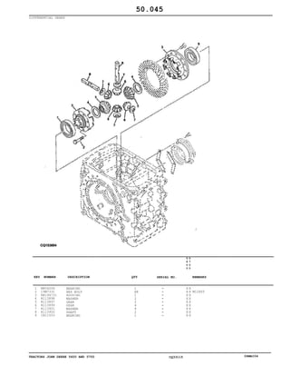 TRACTORS JOHN DEERE 5600 AND 5700 CQ33115 06MAI04
DIFFERENTIAL GEARS
1
2
3
4
5
6
7
8
9
M804206
19M7331
RE194731
R113898
R113897
R113899
R113901
R113900
CH11553
BEARING
HEX BOLT
HOUSING
WASHER
GEAR
GEAR
WASHER
SHAFT
BEARING
1
AR
1
2
2
4
4
2
1
5
6
0
0
5
7
0
0
X X
X X
X X
X X
X X
X X
X X
X X
X X
M12X65
50.045
-
-
-
-
-
-
-
-
-
KEY NUMBER DESCRIPTION QTY REMARKSSERIAL NO.
 