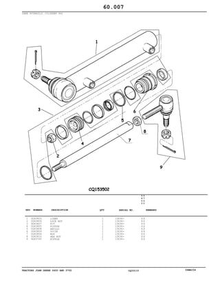 TRACTORS JOHN DEERE 5600 AND 5700 CQ33115 06MAI04
DANA HYDRAULIC CYLINDER 4X2
1
2
3
4
5
6
7
8
9
DQ43803
CQ43804
DQ43807
CQ43805
CQ43808
CQ43809
CQ43806
CQ43810
DQ43765
LINER
LOCK NUT
KIT
PISTON
ANILLO
GUIDE
ROD
HEX NUT
NIPPLE
1
1
1
1
1
1
1
1
1
13636
13636
13636
13636
13636
13636
13636
13636
13636
5
6
0
0
5
7
0
0
X X
X X
X X
X X
X X
X X
X X
X X
X X
60.007
-
-
-
-
-
-
-
-
-
KEY NUMBER DESCRIPTION QTY REMARKSSERIAL NO.
 