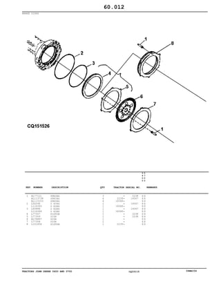 TRACTORS JOHN DEERE 5600 AND 5700 CQ33115 06MAI04
BRAKE DISKS
1
2
3
4
5
6
7
8
AL77121
AL113738
AL115253
L56246
L116345
L60888
L116346
L77357
L77359
AL76887
L77358
L101856
SPRING
SPRING
SPRING
O RING
O RING
O RING
O RING
PISTON
DISK
DISK
DISK
PISTON
3
6
6
1
1
1
1
1
1
1
1
1
2239
14568
14568
14568
2239
2238
14567
14567
14567
2238
2238
5
6
0
0
5
7
0
0
X X
X X
X X
X X
X X
X X
X X
X X
X X
X X
X X
X X
60.012
-
-
-
-
-
-
-
-
-
-
-
-
KEY NUMBER DESCRIPTION QTY REMARKSTRACTOR SERIAL NO.
 