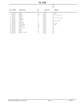 TRACTORS JOHN DEERE 5600 AND 5700 CQ33115 06MAI04
1
2
3
4
5
6
7
8
9
10
11
12
13
14
15
16
17
18
19
20
21
22
19M7139
14M7140
24M7178
CQ29516
T77857
51M7045
38H5076
T77858
51M7047
38H5005
DQ39944
19M7808
12M7065
DQ40259
CQ34986
DQ34992
CQ38630
DQ40260
CQ34990
DQ34991
DQ34162
DQ34985
SCREW
HEX NUT
WASHER
SUPPORT
O RING
O RING
CONNECTOR
O RING
O RING
FITTING
BOSCH PUMP
HEX BOLT
LOCK WASHER
FIXING ASSY
GASKET
KIT PACKING
PIN
BEARING
GEAR
CLAMP
EXHAUST MANIFOL
KIT
AR
AR
AR
1
1
1
1
1
1
1
1
AR
AR
AR
AR
AR
2
1
1
AR
1
AR
10839
10839
10839
10839
10839
10839
10839
10839
10839
10839
10839
10839
10839
10839
10839
10839
10839
10839
10839
10839
10839
10839
5
6
0
0
5
7
0
0
X X
X X
X X
X X
X X
X X
X X
X X
X X
X X
X X
X X
X X
X X
X X
X X
X X
X X
X X
X X
X X
X X
M8X20
M10
10,5X30X2,5MM
19.300X2.200MM
23,6X2,9MM
M10X65
8MM
70.005
-
-
-
-
-
-
-
-
-
-
-
-
-
-
-
-
-
-
-
-
-
-
KEY NUMBER DESCRIPTION QTY REMARKSSERIAL NO.
 