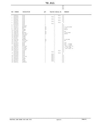 TRACTORS JOHN DEERE 5600 AND 5700 CQ33115 06MAI04
1
2
3
4
5
6
7
8
9
10
11
12
13
14
15
16
17
18
19
20
21
22
23
24
25
26
27
28
29
30
31
32
33
34
35
DQ60602
DQ36446
DQ28370
DQ36447
DQ60598
DQ36453
DQ60601
DQ36454
R109230
CQ27913
CQ06671
14H1076
19M7139
R114395
14M7298
24M7040
19M7529
CQ26618
DQ03962
CQ33811
H75541
CQ01248
14M7165
T77857
AL78576
DQ26607
DQ26608
38H5023
51M7041
DQ25477
51M7043
DQ28371
DQ36448
DQ26008
DQ35245
DQ36455
CQ34932
DQ36122
DQ08878
CQ34927
AR21837
CQ49331
PIPE
PIPE
PIPE
PIPE
PIPE
PIPE
PIPE
PIPE
STUD
SUPPORT
WASHER
NUT
SCREW
CLAMP
NUT
WASHER
HEX BOLT
SUPPORT
CLAMP
PLATE
CLAMP
WASHER
LOCK NUT
O RING
HOSE
HOSE
HOSE
FITTING
O RING
FITTING
O RING
PIPE
PIPE
PIPE
PIPE
PIPE
FITTING
PIPE
CLAMP
HOSE
CLAMP
SUPPORT
1
1
1
1
1
1
1
1
2
1
AR
AR
AR
2
AR
AR
AR
1
1
1
1
AR
AR
4
2
1
1
2
2
1
2
1
1
1
1
1
1
1
1
1
1
1
9821
9821
9821
9821
9821
9821
9821
9821
9821
9821
9821
9821
9820
9820
9820
9820
9820
9820
5
6
0
0
5
7
0
0
X X
X X
X X
X X
X X
X X
X
X
X X
X X
X X
X X
X X
X X
X X
X X
X X
X X
X X
X X
X X
X X
X X
X X
X X
X X
X X
X X
X X
X X
X X
X X
X X
X
X
X X
X X
X X
X X
X X
X X
X X
10,5X24X2MM
3/8"
M8X20
M8
11X21X2MM
M6X55
6,4X18MM
M6
4X4
4X2 - 860MM
4X2 - 550MM
INCL KEYS 24
11.3X2.2MM
INCL KEYS 26
70.011
-
-
-
-
-
-
-
-
-
-
-
-
-
-
-
-
-
-
-
-
-
-
-
-
-
-
-
-
-
-
-
-
-
-
-
-
-
-
-
-
-
-
KEY NUMBER DESCRIPTION QTY REMARKSTRACTOR SERIAL NO.
 
