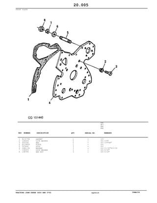 TRACTORS JOHN DEERE 5600 AND 5700 CQ33115 06MAI04
FRONT PLATE
1
2
3
4
5
6
7
8
R131794
12H324
T20166
R119859
T23442
24H1136
12H303
14H785
GASKET
LOCK WASHER
HEX
PLATE
STUD
WASHER
LOCK WASHER
HEX NUT
1
5
5
1
3
3
3
3
5
6
0
0
5
7
0
0
X X
X X
X X
X X
X X
X X
X X
X X
3/8"
3/8"X8"
11/32"X11/16
5/16"
5/16"
20.005
-
-
-
-
-
-
-
-
KEY NUMBER DESCRIPTION QTY REMARKSSERIAL NO.
 