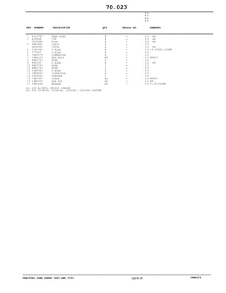 TRACTORS JOHN DEERE 5600 AND 5700 CQ33115 06MAI04
1
2
3
4
5
6
7
8
9
10
11
12
13
14
15
16
17
R120797
A15899
CQ34948
RE45822
DQ34944
51M7045
T77857
38H5076
19M3129
RE45723
R83630
RE45707
RE45724
51M7043
38H5003
CQ36028
19M7322
14M7029
24M7238
SNAP RING
CUP
PLUG
LATCH
LATCH
O RING
O RING
CONNECTOR
HEX BOLT
HOSE
O RING
HOSE
HOSE
O RING
CONNECTOR
SUPPORT
SCREW
HEX NUT
WASHER
8
4
4
4
4
4
8
4
AR
2
4
1
1
4
4
1
AR
AR
AR
5
6
0
0
5
7
0
0
X X
X X
X X
X X
X X
X X
X X
X X
X X
X X
X X
X X
X X
X X
X X
X X
X X
X X
X X
(A)
(A)
(B)
(B)
19.300X2.200MM
M8X20
(A)
M8X35
M8
8,7X17X2MM
70.023
(A)
(B)
KIT A15899, R83630 PARKER
KIT CQ34945, CQ34946, CQ34947, CQ34948 FASTER
-
-
-
-
-
-
-
-
-
-
-
-
-
-
-
-
-
-
-
KEY NUMBER DESCRIPTION QTY REMARKSSERIAL NO.
 
