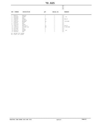 TRACTORS JOHN DEERE 5600 AND 5700 CQ33115 06MAI04
1
2
3
4
5
6
7
8
9
10
11
12
13
14
15
M48534
DQ60680
DQ60682
19M7865
T39639
24M7049
F2863R
CQ26137
CQ26108
19M3121
11M7076
CQ03980
CQ27591
DQ60679
DQ60681
HANDLE
LEVER
ARM
SCREW
BUSHING
WASHER
RING
KEY
LEVER
HEX BOLT
COTTER PIN
PIN
PLATE
LEVER
ARM
2
1
1
AR
5
AR
4
1
1
AR
AR
2
2
1
1
5
6
0
0
5
7
0
0
X X
X X
X X
X X
X X
X X
X X
X X
X X
X X
X X
X X
X X
X X
X X
(A)
M8X16
18X30MM
M6X30
1,6X12MM
(B)
70.025
(A)
(B)
SECOND SCV LEVER
FIRST SCV LEVER
-
-
-
-
-
-
-
-
-
-
-
-
-
-
-
KEY NUMBER DESCRIPTION QTY REMARKSSERIAL NO.
 