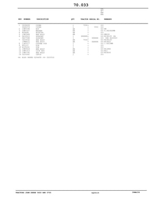 TRACTORS JOHN DEERE 5600 AND 5700 CQ33115 06MAI04
1
2
3
4
5
6
7
8
9
10
11
12
13
14
CQ34699
CQ28379
14M7298
24M7207
M18696
19M7868
DQ33523
DQ27548
CQ33532
19M8672
11M7077
R52107
R105241
19M7818
14M7313
19M7792
CQ33582
COVER
COVER
NUT
WASHER
BUSHING
HEX BOLT
SUPPORT
SUPPORT
HEX BOLT
HEX BOLT
COTTER PIN
PIN
PIN
HEX BOLT
LOCK NUT
HEX BOLT
LATCH
1
1
AR
AR
AR
AR
1
1
AR
AR
1
1
1
AR
AR
AR
1
7054
XXXXXX
7054
7053
XXXXXX
XXXXXX
5
6
0
0
5
7
0
0
X X
X X
X X
X X
X X
X X
X X
X X
X X
X X
X X
X X
X X
X X
X X
X X
X X
M8
8.4X24X2MM
M8X30
M14X100 (A)
USE DQ33523
M14X100
M14X25
1.6X25MM
M12X80
M12
M16X30
70.033
(A) ALSO ORDER CQ34699 (6) CQ33532
-
-
-
-
-
-
-
-
-
-
-
-
-
-
-
-
-
KEY NUMBER DESCRIPTION QTY REMARKSTRACTOR SERIAL NO.
 