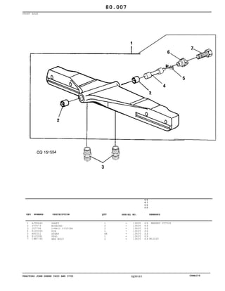 TRACTORS JOHN DEERE 5600 AND 5700 CQ33115 06MAI04
FRONT AXLE
1
2
3
4
5
6
7
AJ58640
J57073
JD7798
R105065
M90321
R125961
19M7790
SHAFT
BUSHING
LUBRIC FITTING
PIN
STRAP
SEAL
HEX BOLT
1
2
2
1
AR
1
2
13635
13635
13635
13635
13635
13635
13635
5
6
0
0
5
7
0
0
X X
X X
X X
X X
X X
X X
X X
MARKED J57026
M12X35
80.007
-
-
-
-
-
-
-
KEY NUMBER DESCRIPTION QTY REMARKSSERIAL NO.
 